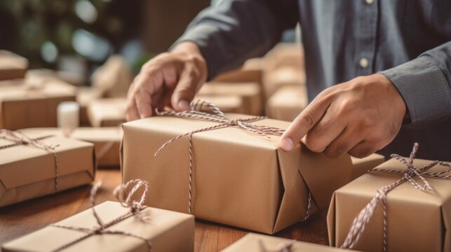 Close-up of hands tying twine on brown wrapped packages in preparation for delivery or gifting.