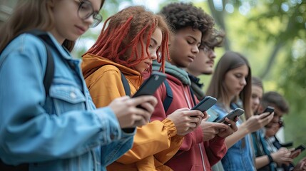 A diverse group of teenagers intently using smartphones in a park.