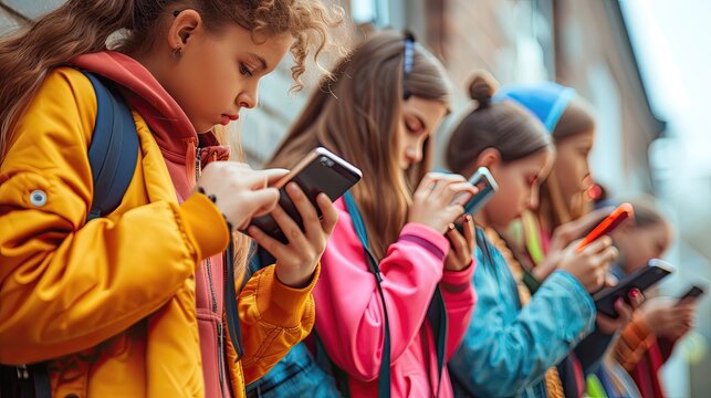 Group of diverse children engrossed in smartphones on a city street.