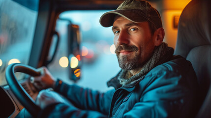 Happy middle aged male truck driver driving his truck in. urban city area, sitting in cabin - Powered by Adobe
