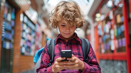 Smiling boy with curly hair using his smartphone in a school corridor.