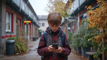 Boy with backpack using smartphone outside school.