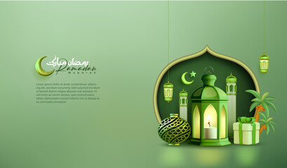 Ramadan mubarak banner template with realistic 3d islamic ornaments - 722780438