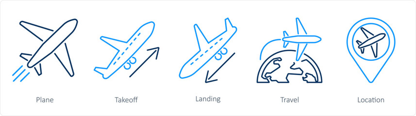 A set of 5 Airport icons as plane, take off, landing