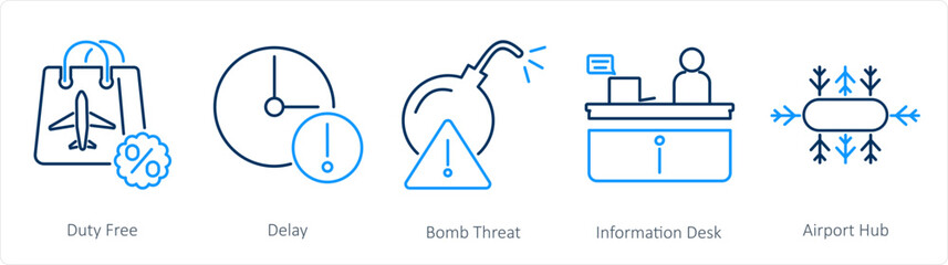 A set of 5 Airport icons as duty free, delay, bomb threat