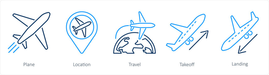 A set of 5 Airport icons as plane, location, travel