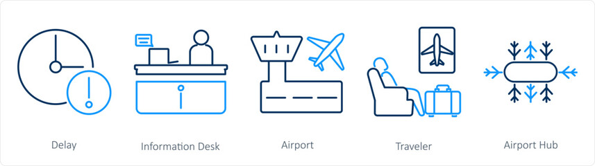 A set of 5 Airport icons as delay, information desk, airport