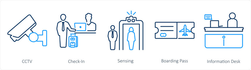 A set of 5 Airport icons as cctv, check in, sensing