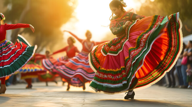 a Hispanic dancer, her face alight with joy as she performs a traditional folk dance. The photo captures her mid-motion