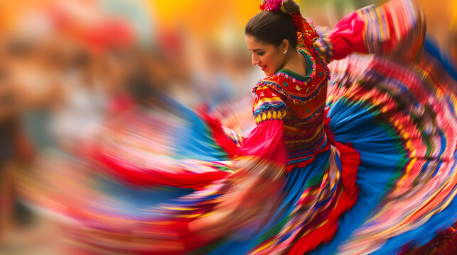 a Hispanic dancer, her face alight with joy as she performs a traditional folk dance. The photo captures her mid-motion