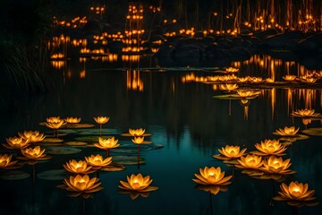 Describe the soothing effect of golden lotus lanterns illuminating the tranquility of calm waters.