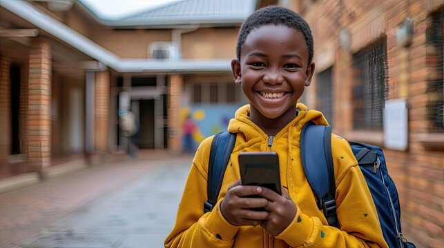 Happy boy in a yellow hoodie using a phone in a school corridor.