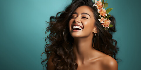Naklejka premium Beautiful Woman with Exotic Skin and Curly Hair on Blue Background with Copy Space. Portrait of a Woman Face for Beauty and Fashion Product Advertisements