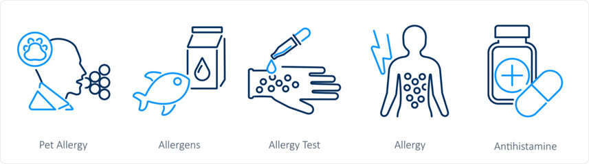 A set of 5 Allergy icons as pet allergy, allergens, allergy test - obrazy, fototapety, plakaty