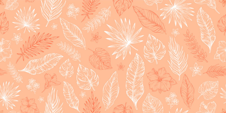 2024 peach palm leaf color pattern. Seamless fuzz color tropical background. Peach abstract 2024 year colour pattern. Sketch spring summer palette drawing. Abstract fuzz seamless fashion design vector