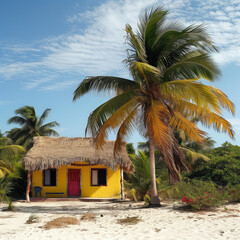 Obraz premium Sunny Beach Beside a Thatched Bungalow: Strikingly Beautiful