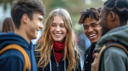 Group of teenagers smiling and chatting in urban setting.