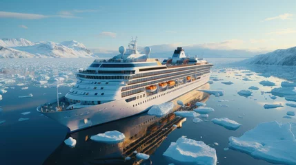 Foto op Aluminium A modern, white cruise ship sails the Arctic Ocean, among ice floes and asbergs. Travel and vacation. En route. © masyastadnikova