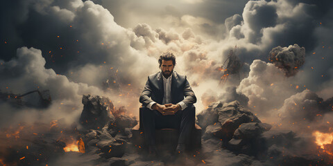 Depressed looking man in black suit in dark clouds