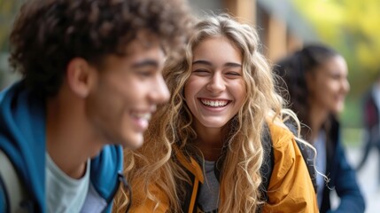 Fototapeta premium Smiling blonde teenager with friends in schoolyard. 