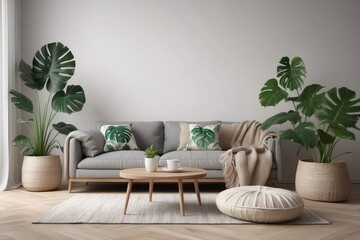 Home interior cozy living room sofa cushion coffee mug knitted plaid monstera plant room decor scandinavian style