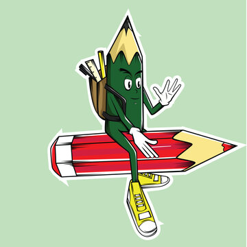 make a cute doll mascot of a pencil sitting on a pencil