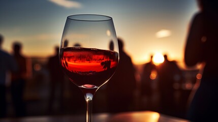 Silhouetted red wine glass with sunset reflection at social gathering.