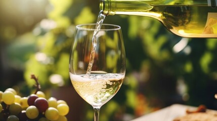 White wine being poured into a glass with vineyard grapes in background. - obrazy, fototapety, plakaty