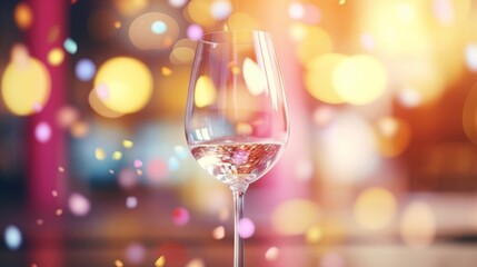 Close-up of a sparkling white wine glass with vibrant bokeh lighting.