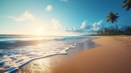 Obraz premium Golden sunset over a serene tropical beach with palm trees and a calm ocean, evoking peace and relaxation.