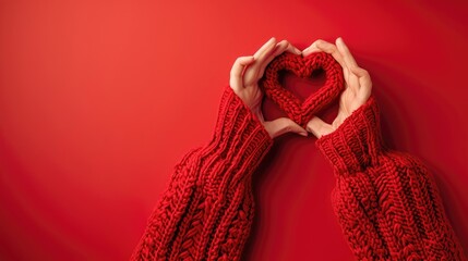 Hands forming a heart shape with red knitted sweater sleeves on a red background.