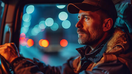 Portrait of tired truck driver driving in a highway at night, to deliver the cargo on time