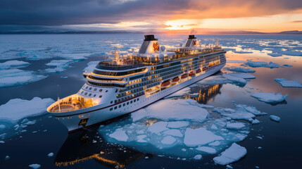 A modern, white cruise ship sails the Arctic Ocean, among ice floes and asbergs. Travel and vacation. En route. - obrazy, fototapety, plakaty