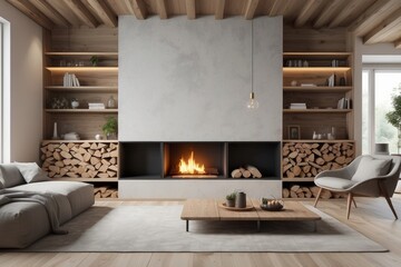 Scandinavian style interior with fireplace, niches in wall where wood is stored
