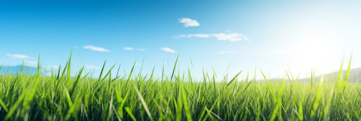 Obraz premium Vibrant green grass blades stretching towards the clear blue sky, symbolizing growth and freshness.