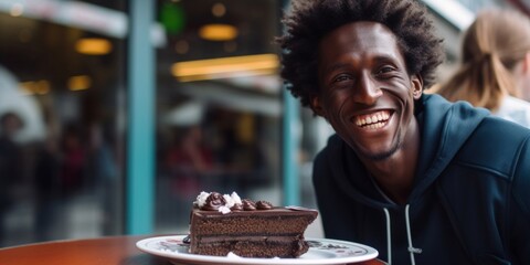 Radiant young man with curly hair enjoying a slice of chocolate cake in a casual cafe setting.