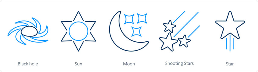 A set of 5 Astronomy icons as black hole, sun, moon