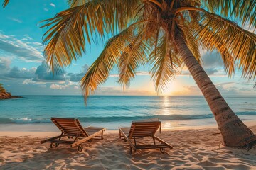 Sunny beach with sea and soft sand perfect for summer travel. Luxurious tropical landscape with palm trees in paradise resort. Beautiful sunset ocean and romantic for family holiday or honeymoon