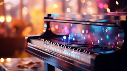 Piano keys close-up on a blurred background with bokeh. - obrazy, fototapety, plakaty