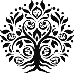 black and white pattern tree with leaves and flowers