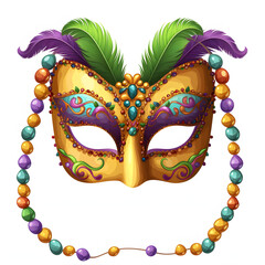 Mardi gras masks and beads isolated on white background, cartoon style, png
