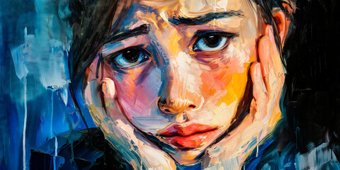 sad-looking girl with chin resting on hands and eyes wide open, digital oil painting, concept of sadness and depression