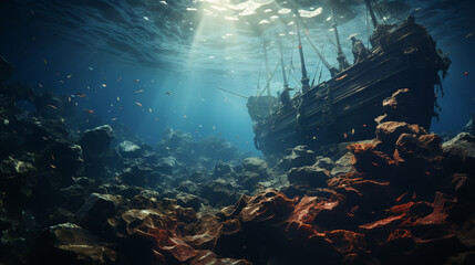 Pirate ship with treasure underwater - obrazy, fototapety, plakaty