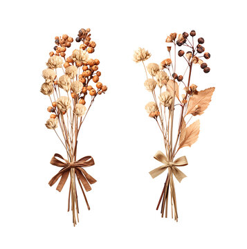 Set of bouquets of dried flowers and twigs with berries, tied with a burlap bow. Collection of dry pressed leaf and flower. Nostalgic scrapbooking kit. Isolated on white background