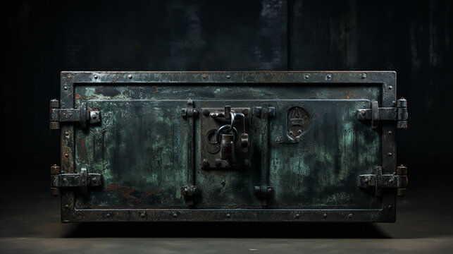 An old vintage rusty metal safe with an open door. The papers are in the safe. Antique office safe for storing documents