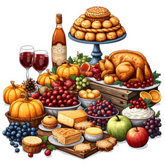 Naklejka na ściany i meble Thanksgiving feast isolated on white background, cartoon style, png 