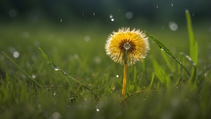 Lone dandelion in tall, wet grass after a rainstorm. generative AI