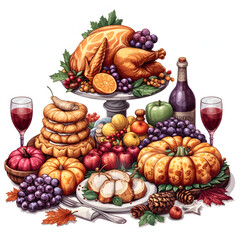 Obraz na płótnie Canvas Thanksgiving feast isolated on white background, cartoon style, png 