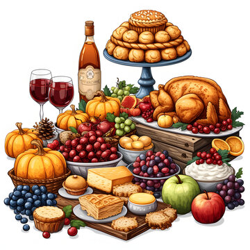 Thanksgiving feast isolated on white background, cartoon style, png
