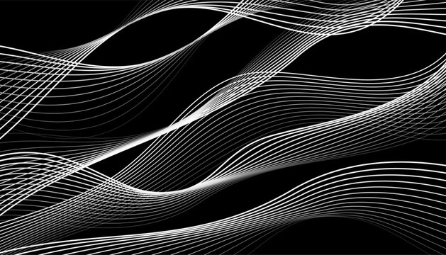 Black and white background, waves of lines, abstract dark wallpaper, vector design art